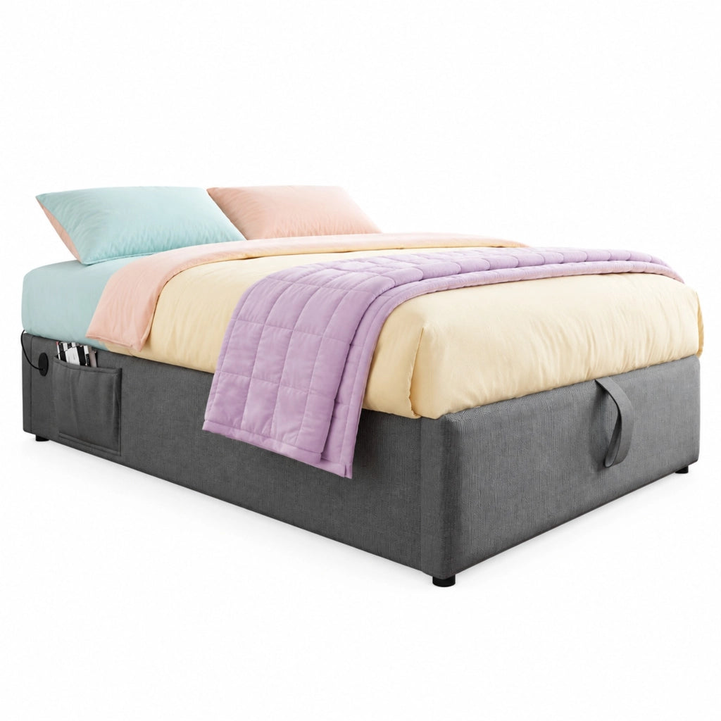 Letto contenitore 90x200 cm senza testiera con USB e USB-C in cotone e lino grigio
