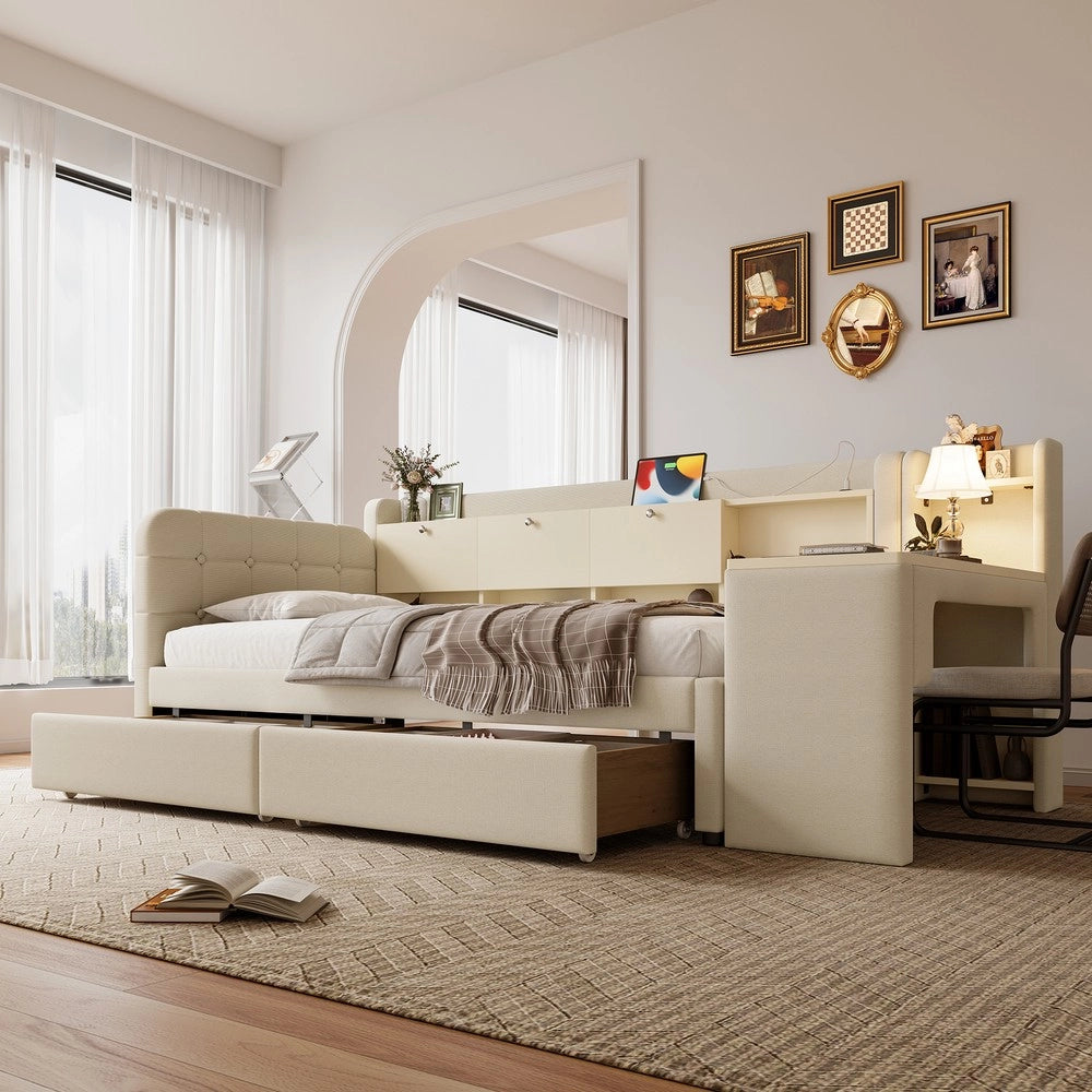 Letto Divano con Cassetti e Scrivania ¨C MINIMAL ¨C Lino Beige 90x200
