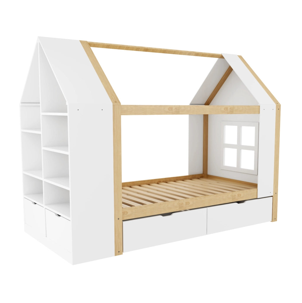 Letto a casetta 90x200 cm con LED e 2 cassetti in legno bianco