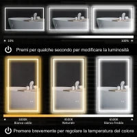Specchio per Bagno con Luci LED Regolabili a 3 Colori e Strato Antiurto, in Vetro e Metallo, 100x3x60 cm