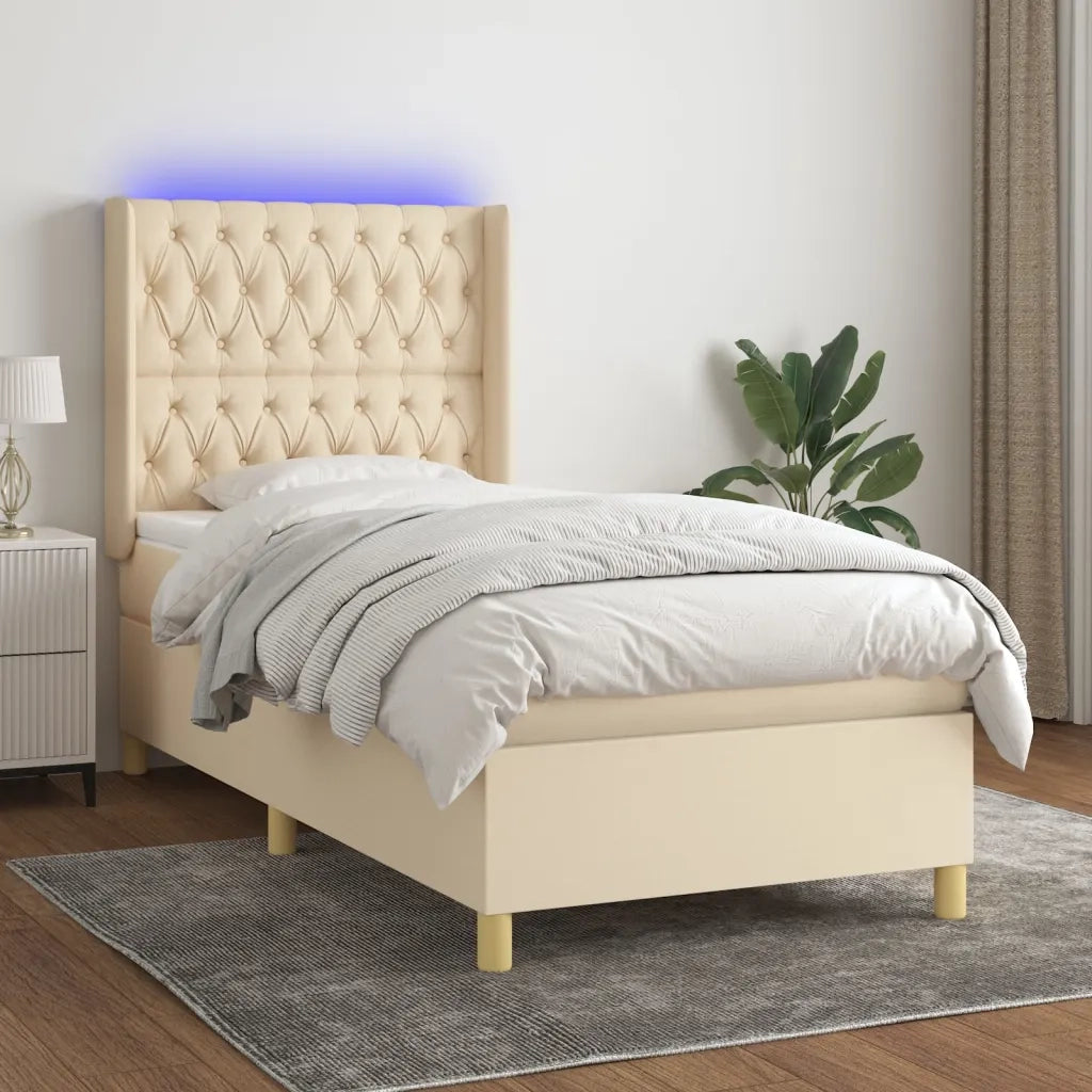 Letto singolo | Letto per adulti | Letto a Molle con Materasso e LED Crema 80x200 cm in Tessuto