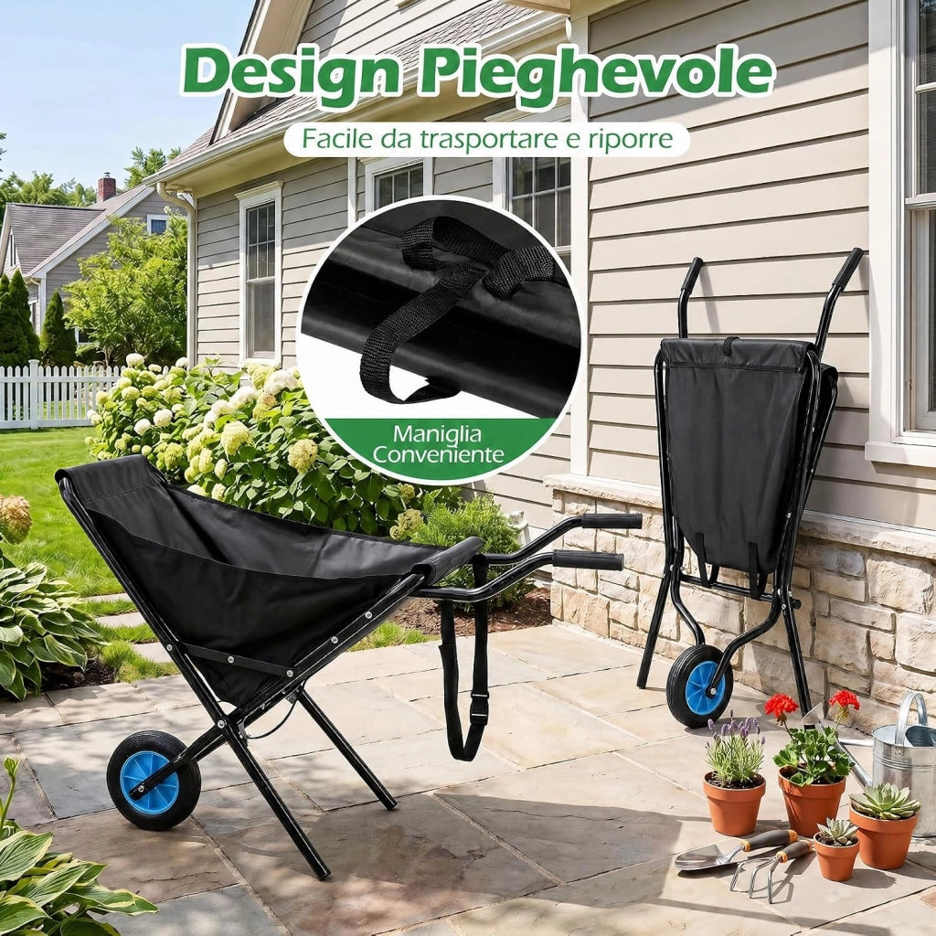 Carriola da Giardino Pieghevole con Tasca in Tessuto Oxford | Carrello da Esterno con Manico Antiscivolo, Struttura in Metallo, Ruota e Grande Capienza da Cortile e Fattoria