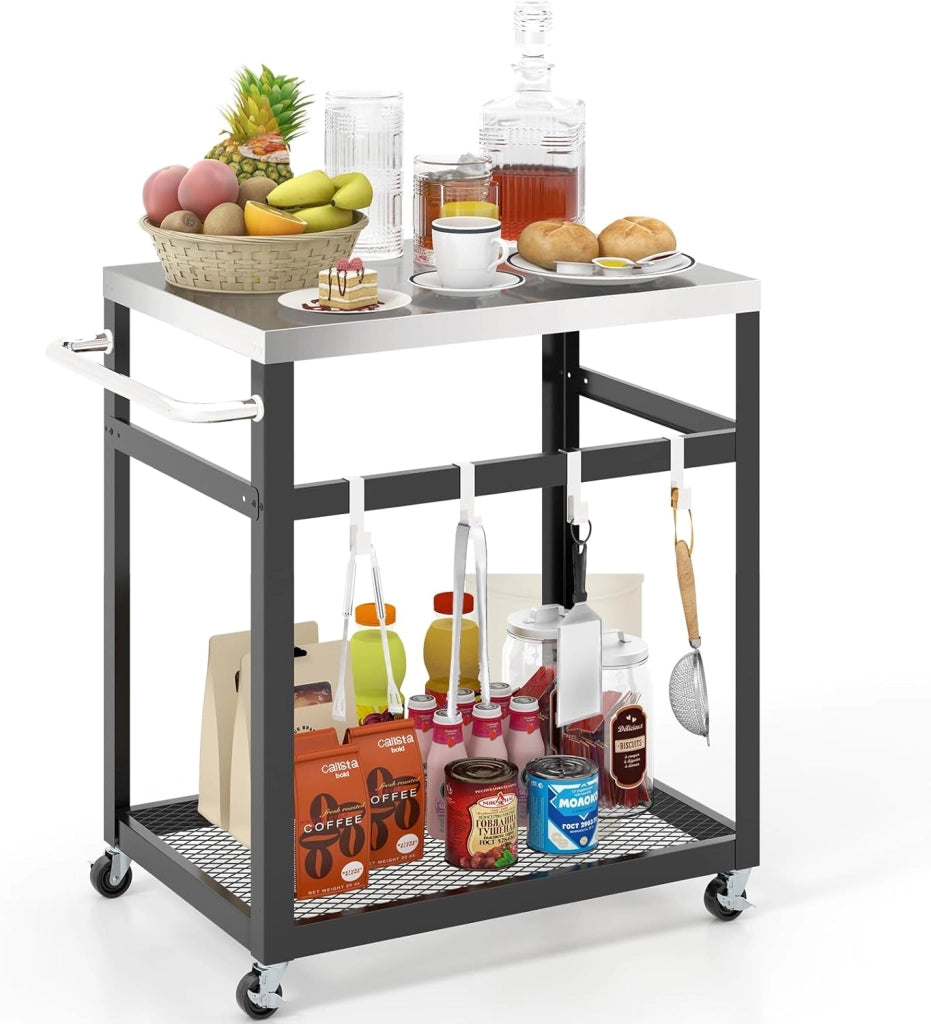 Carrello Barbecue da Esterno con 3 Ripiani, Carrello da Cucina Esterno con Ripiano Regolabile, Carrello Multifunzionale per Esterno, Struttura in metallo