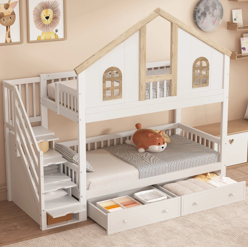 Letto a castello per bambini 90x200 cm con scala contenitore e 2 cassetti