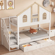 Letto a castello per bambini 90x200 cm con scala contenitore e 2 cassetti