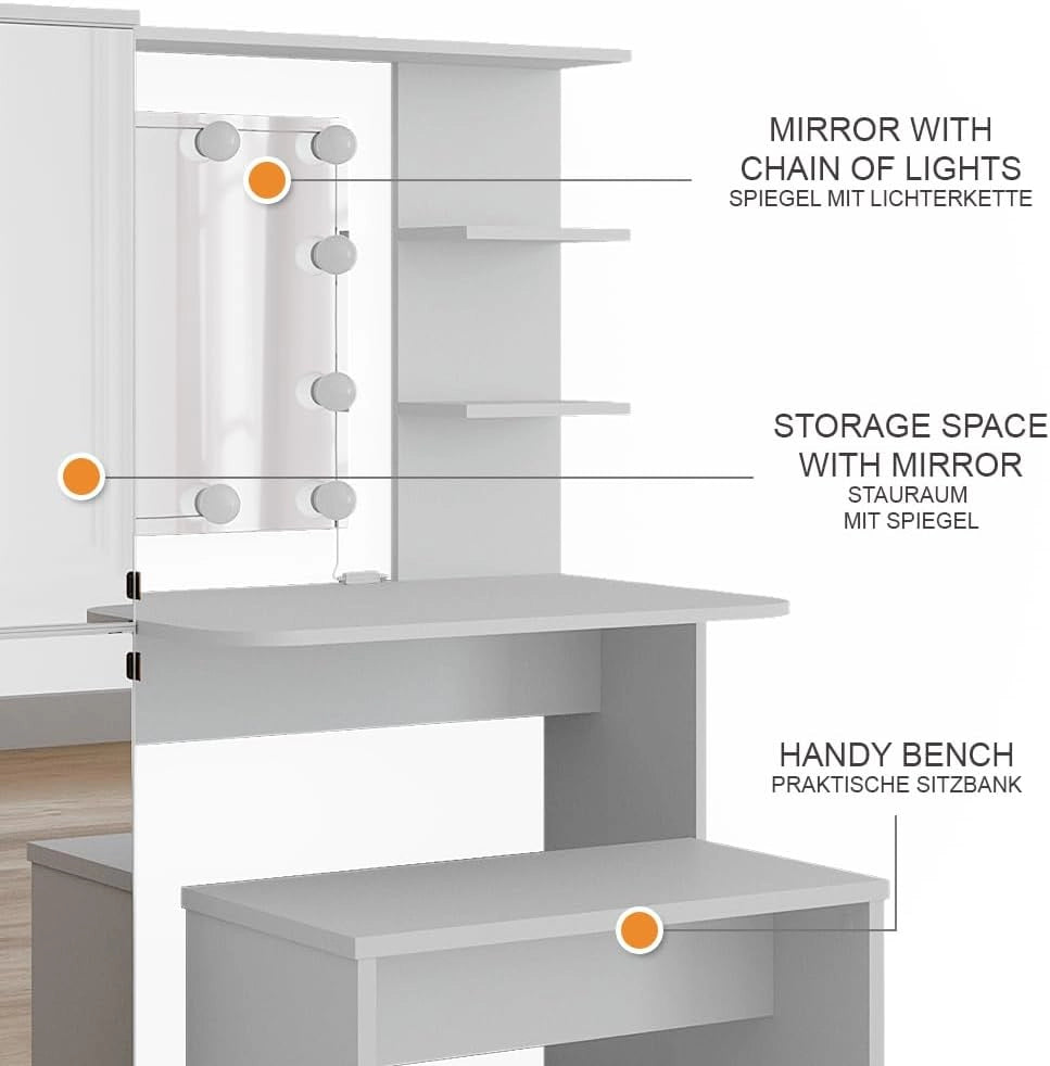 Vicco Tavolo da toilette Jasmin, Bianco, 123 cm con illuminazione a LED e panca