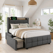 Letto singolo imbottito – 90x200 cm – USB LED 2 cassetti – legno grigio