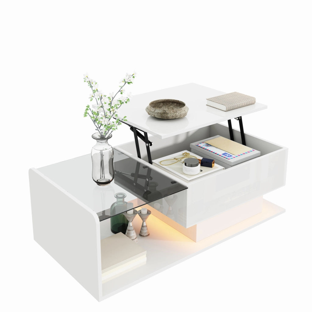 OKWISH Tavolino da Salotto Alzabile con Piano in Vetro Temperato, Vano Aperto e Chiuso, LED, per Soggiorno, 100 x 50 x 47.5 cm