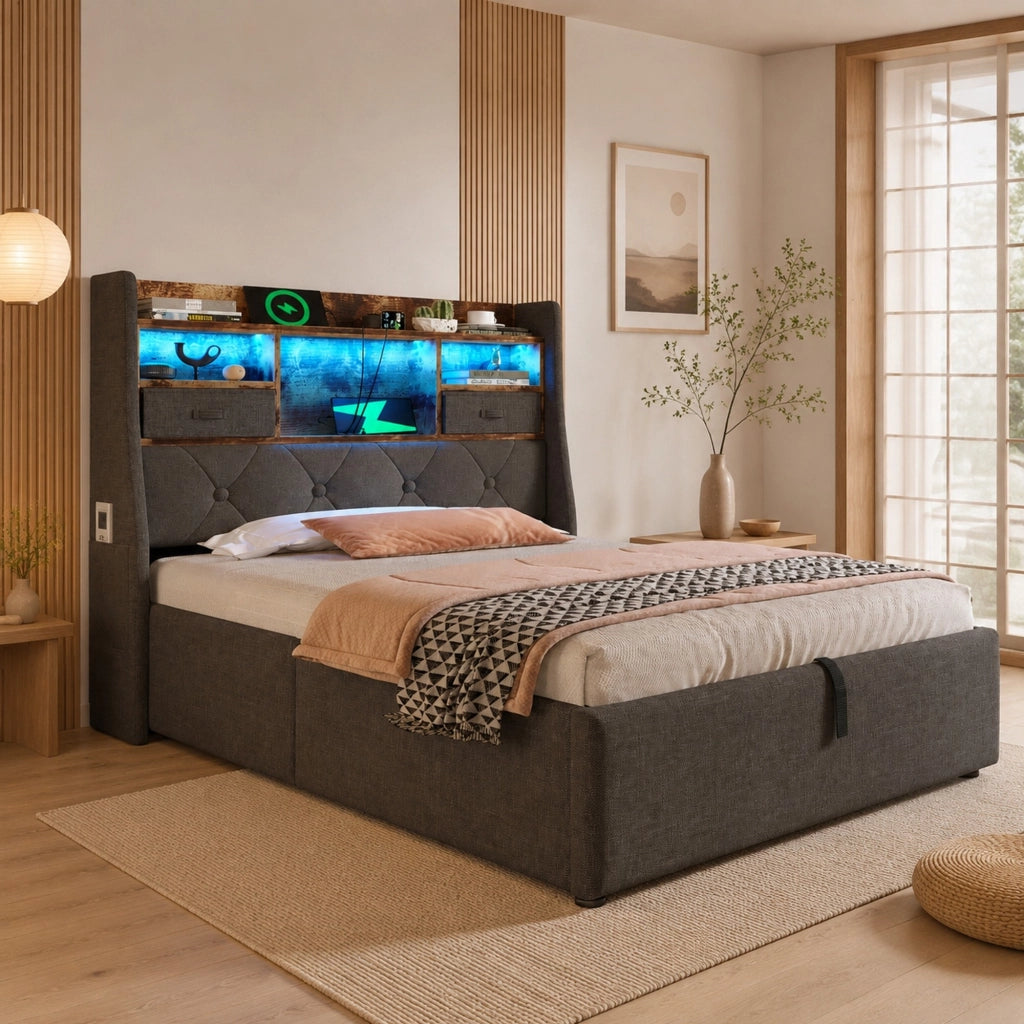 Letto imbottito 90x200 cm con contenitore idraulico, testiera LED e 4 porte di ricarica, grigio