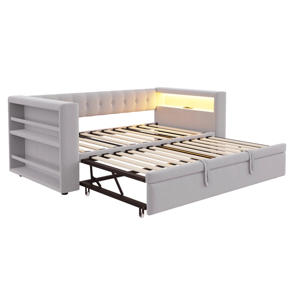 Letto estraibile singolo 90×190 cm e 180×190 cm con LED; presa e ripiani; senza materasso; flanella; grigio chiaro