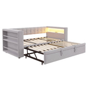 Letto estraibile singolo 90×190 cm e 180×190 cm con LED; presa e ripiani; senza materasso; flanella; grigio chiaro