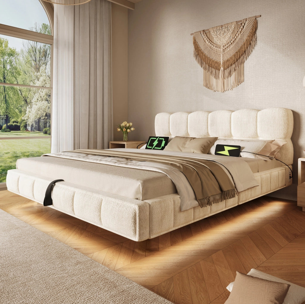 Letto imbottito 140x200 cm con contenitore, LED e USB in ciniglia beige