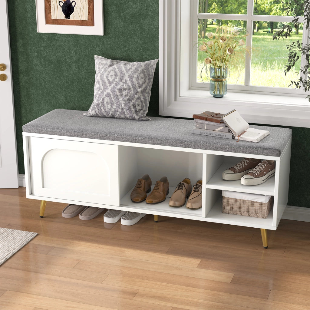 Mobile da ingresso con seduta imbottita, ante rimovibili e ripiani, per ingresso e camera da letto, bianco, 121 × 35 × 49 cm
