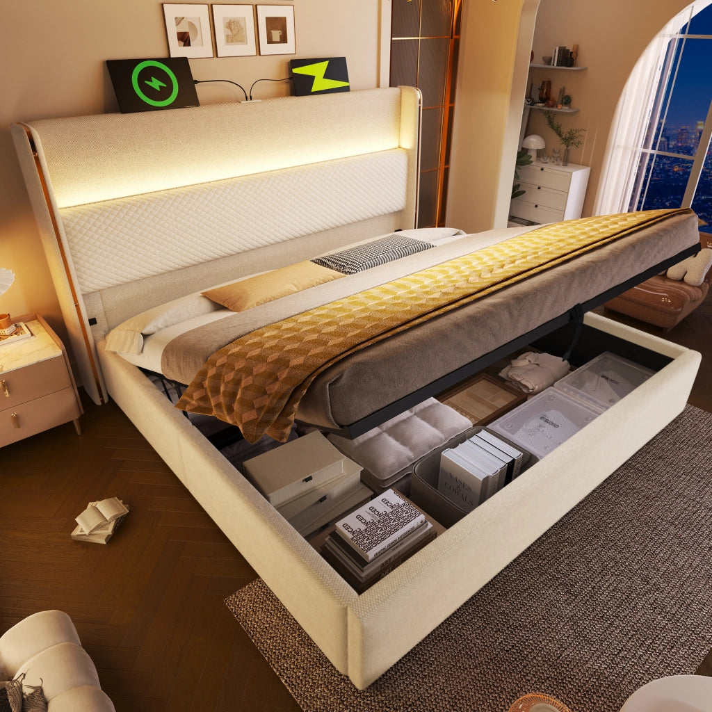 OKWISH Letto contenitore 90×200 cm, Letto Singolo con LED Regolabile, USB, Tipo C e Testiera Alta, senza Materasso, in Lino, Beige