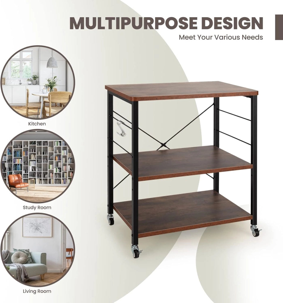 Carrello da Cucina a 3 Livelli con Ripiani Regolabili, Carrello Portaoggetti con 10 Ganci Rimovibili, per Supporto per Microonde, per Cucina e Sala da Pranzo, 60 x 40 x 73 cm (Marrone)