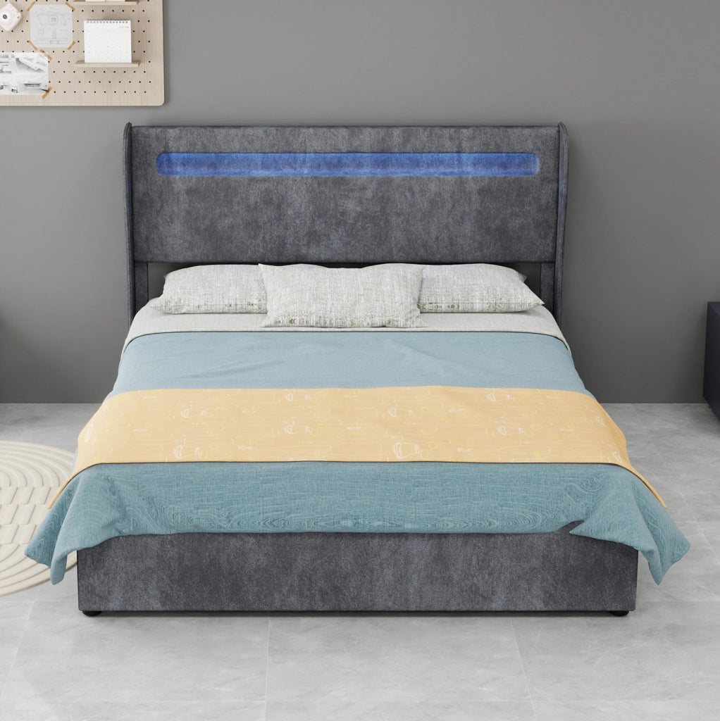 Letto 140x200 cm con testiera regolabile e LED multicolore; tessuto e metallo; grigio