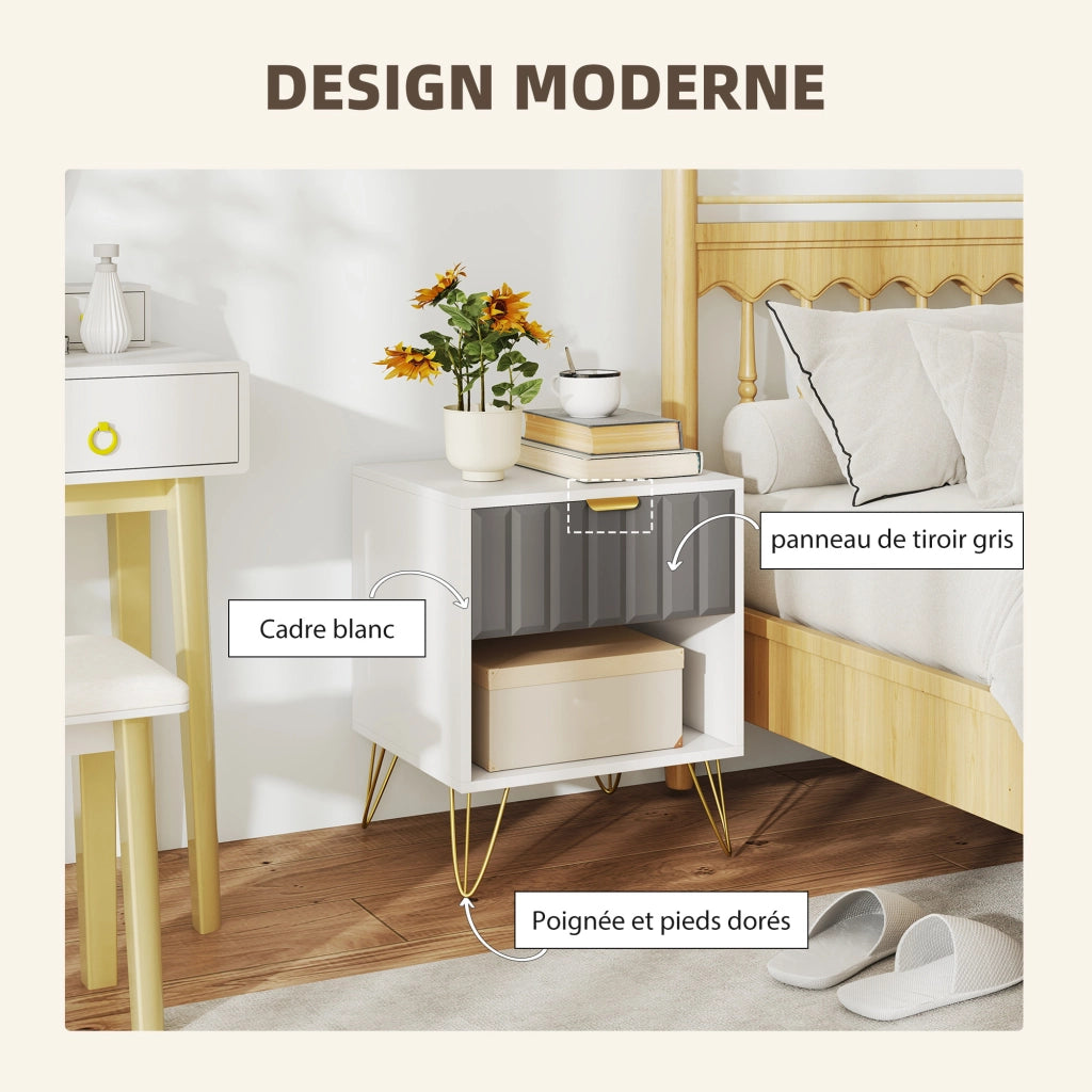 Comodino con cassetto e ripiano aperto ¨C Xylo ¨C bianco, 45x40x55 cm, gambe in acciaio