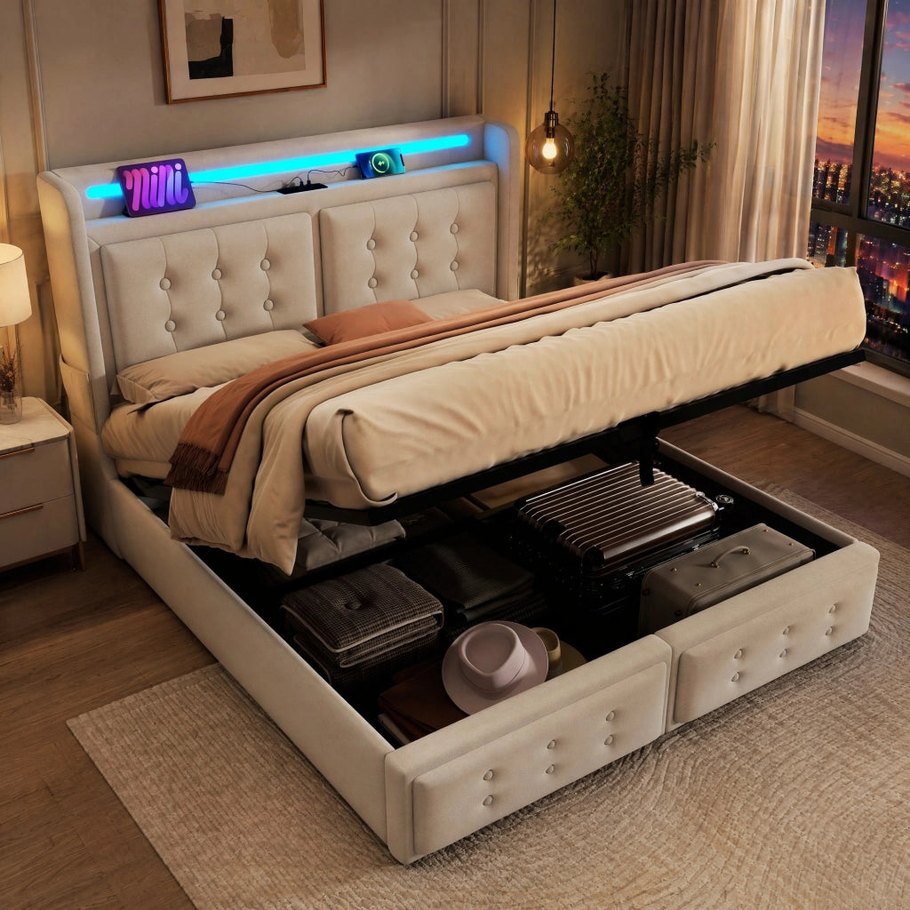 Letto 160x200 cm con contenitore, LED, prese USB e USB-C in cotone e lino beige