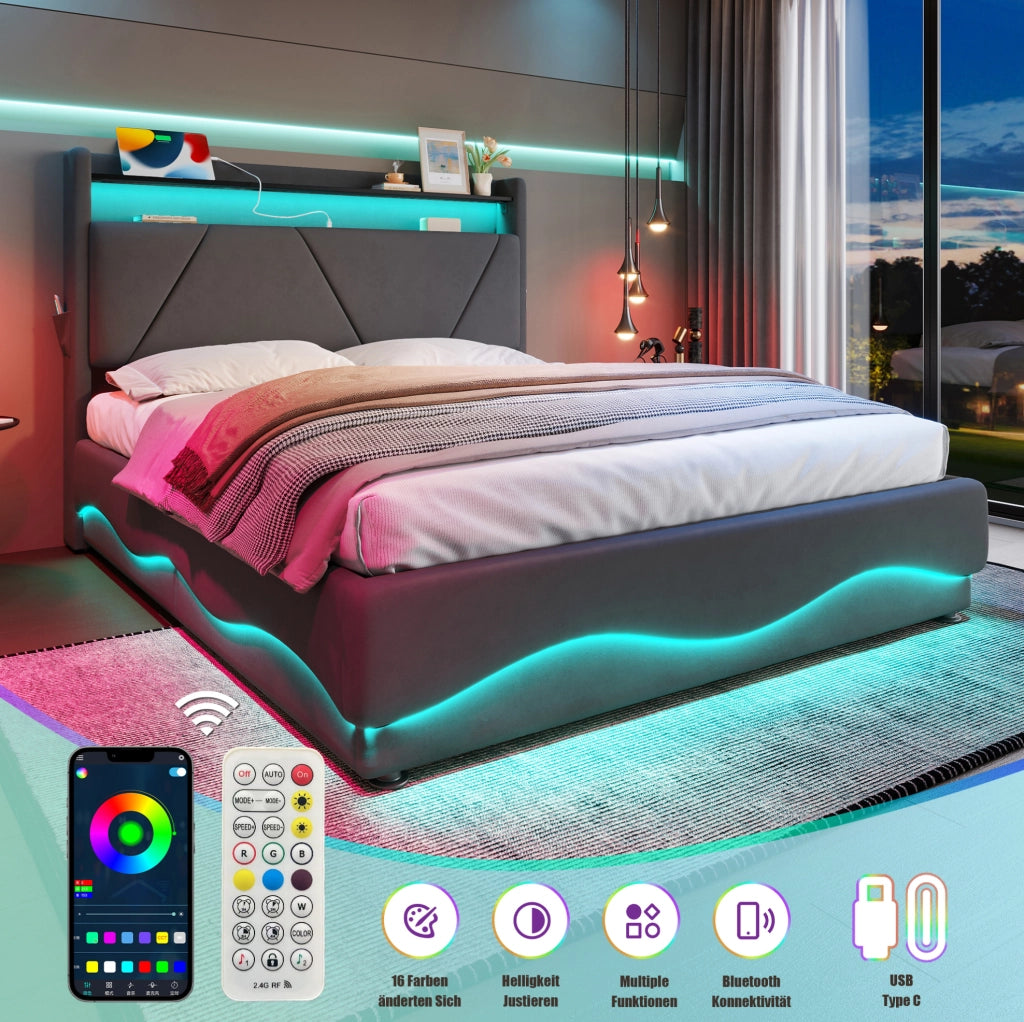 Letto 160x200 cm con LED, contenitore, USB e Type-C