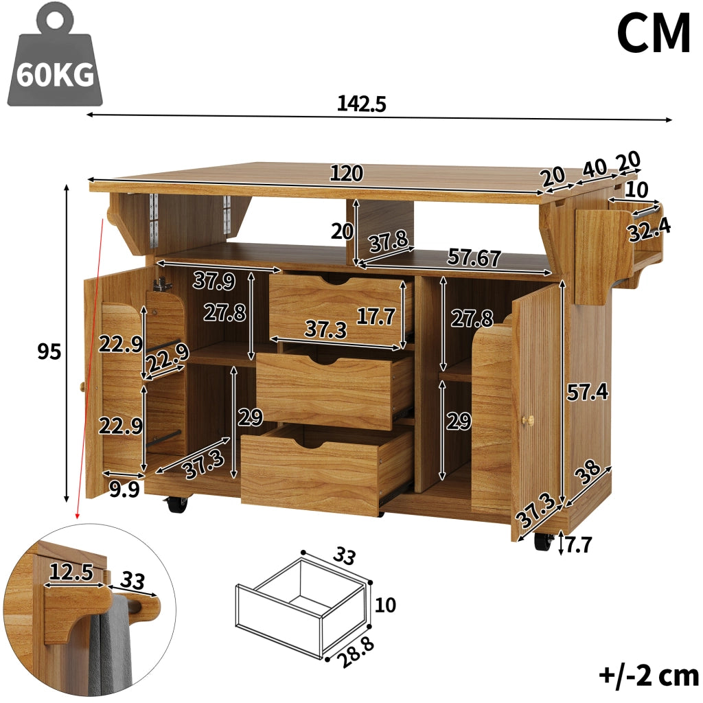 Isola cucina mobile con piani ribaltabili e 3 cassetti marrone