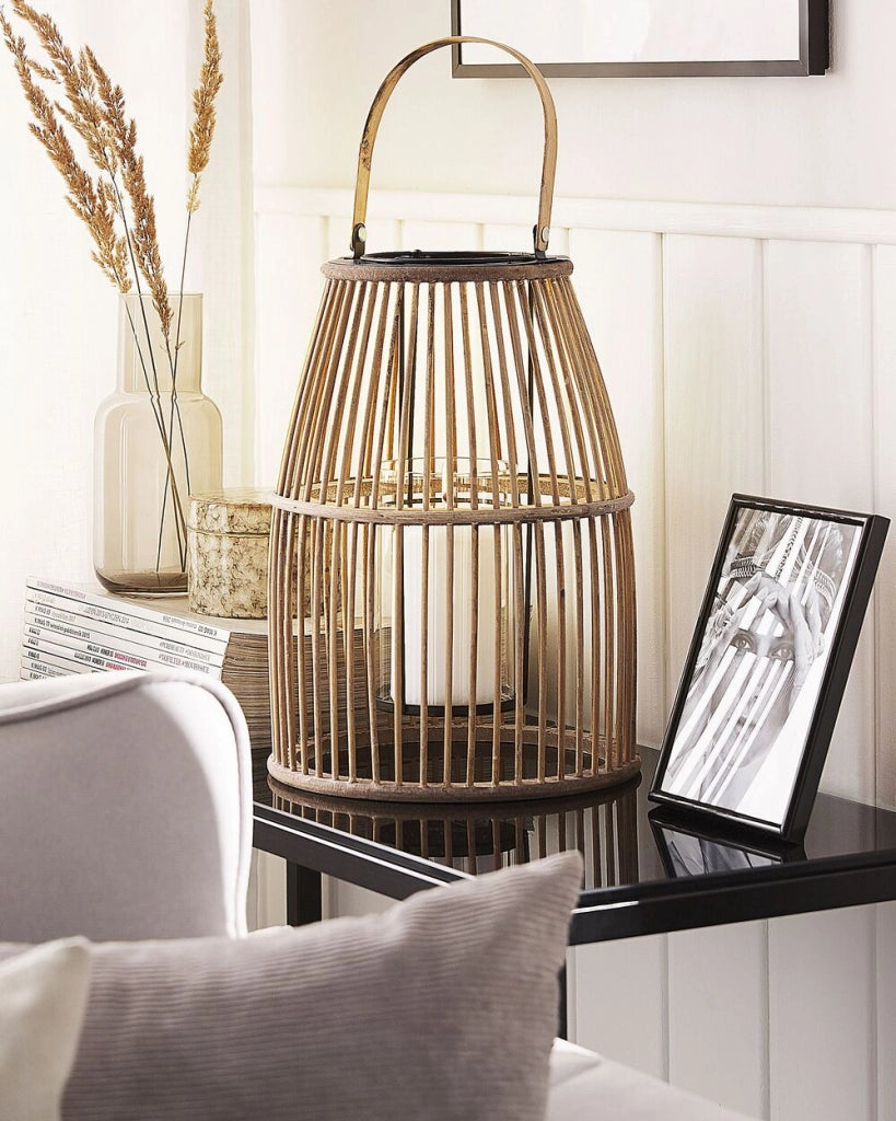 Lanterna in legno di bambù beige 32 cm con supporto in vetro stile boho per interni ed esterni