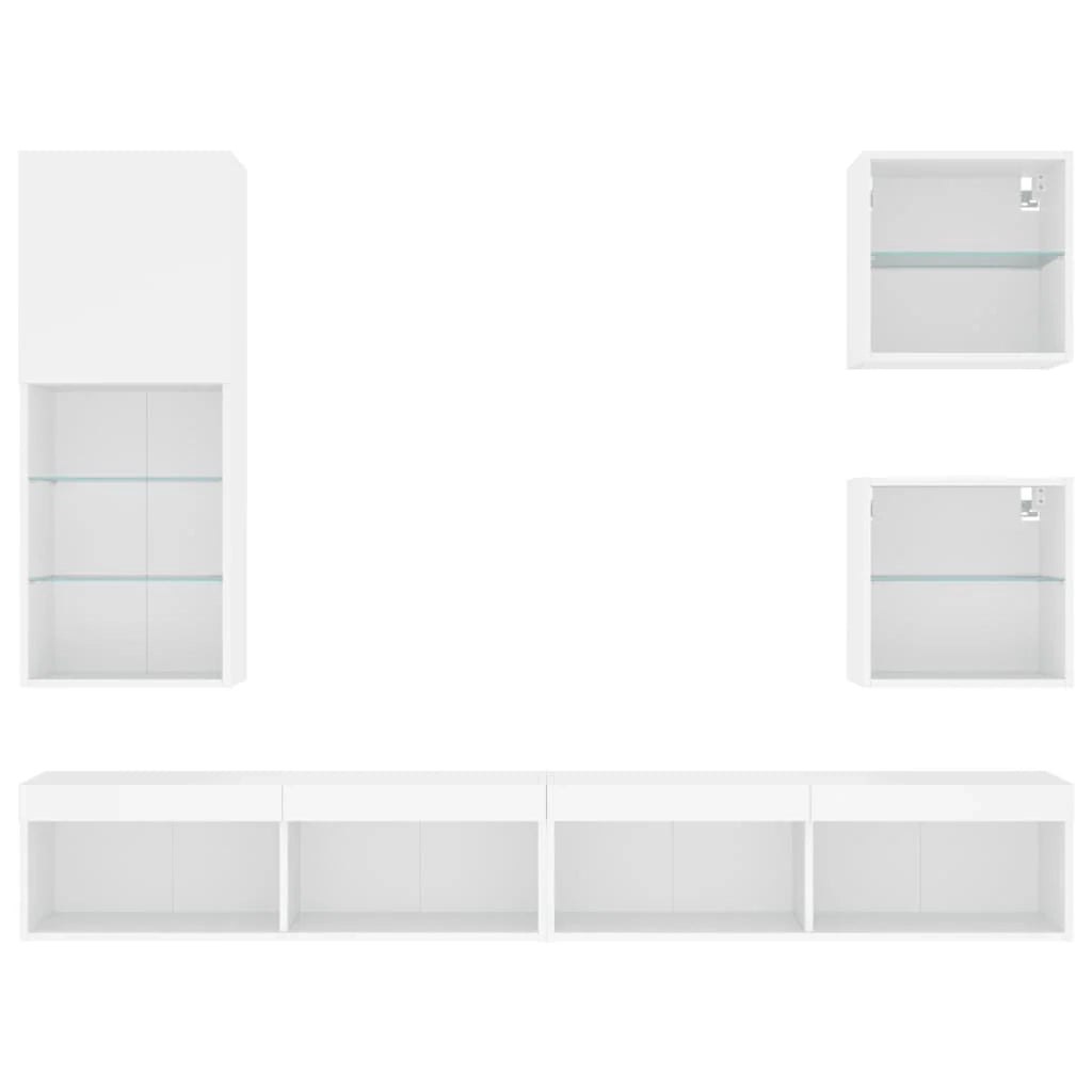 Mobile TV multimediale scaffale TV credenza mobile TV sala da pranzo soggiorno camera da letto con illuminazione a LED 5 pezzi legno ingegnerizzato bianco 02_0029377