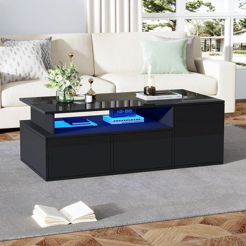 Tavolino-Xylo-100x50x35cm nero 2 cassetti LED capacit?? 60kg