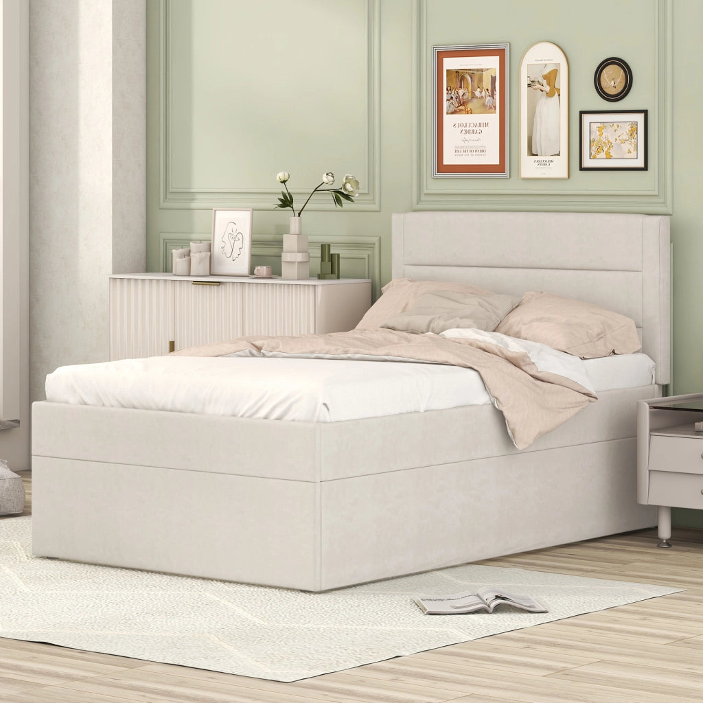 Letto singolo 90×200 cm con contenitore e rete; senza materasso; legno massello e MDF; beige