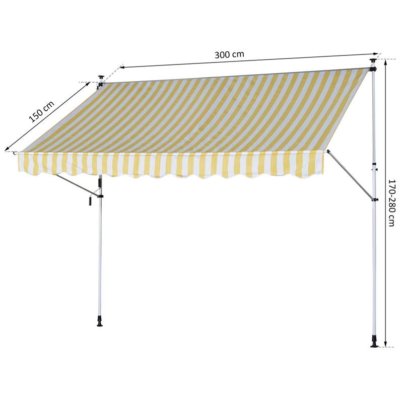 TENDA DA SOLE A MURO CON PALI DI SUPPORTO 300 X 150 CM  COLORE BIANCO E GIALLO