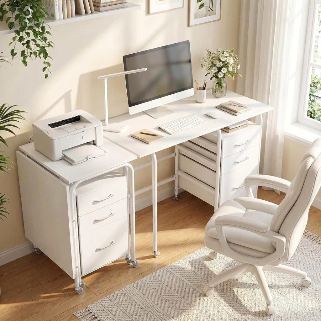 Scrivania Salvaspazio con 3 Cassetti e Ruote Bloccabili, Scrivania Porta PC Pieghevole con Struttura in Metallo per Studio e Ufficio, 105 x 50 x 75 cm, Portata 100 kg (Bianco)