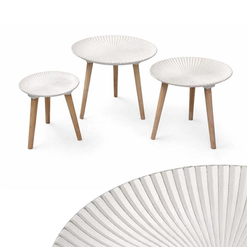 TRIS DI TAVOLINI TONDI  DA ARREDO IN LEGNO E PIANO D'APPOGGIO BIANCO EFFETTO CONCHIGLIA D.44,5/40/30