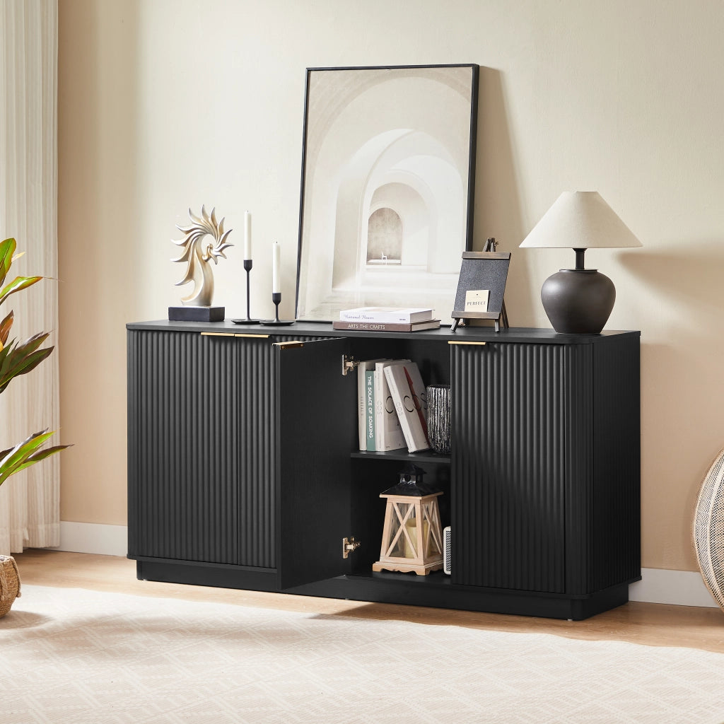 Credenza con 4 ante e 4 vani; ripiani; per soggiorno; in MDF; 160×40×80 cm; nero