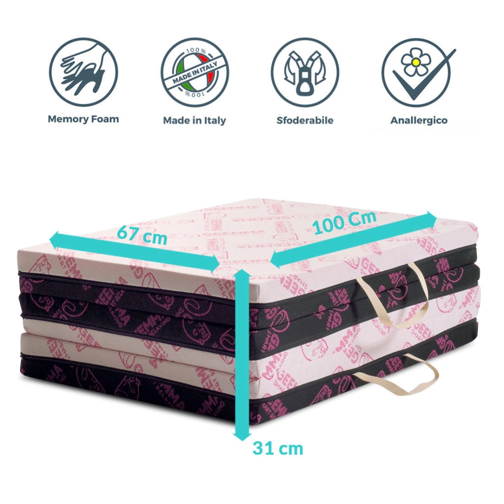 Materassino MEMORY 100x200 Cm pieghevole Futon Alto 11 Cm che piegandosi, diventa anche comoda seduta. Tessuto Anallergico sfoderabile e lavabile.