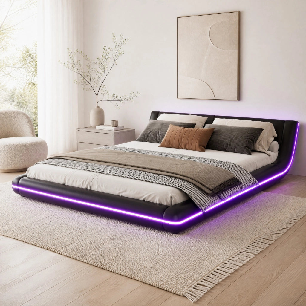 Letto a pavimento 160x200 cm in PU nero con LED RGB controllabili tramite app