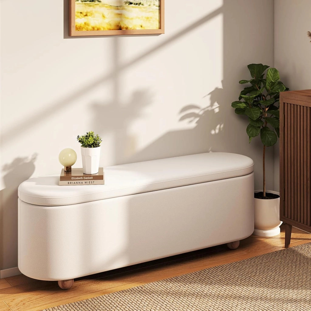 Panca Contenitore, Poggiapiedi Imbottito 139 cm con Coperchio Ribaltabile, Gambe in Legno, Panca Ottomana per Camera da Letto, Soggiorno, Portata 300 kg, Beige
