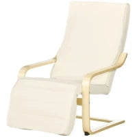 Poltrona Relax con Poggiapiedi a 5 Livelli e Poggiatesta, Legno di Betulla e Tessuto, 66,5x94x100 cm, Crema