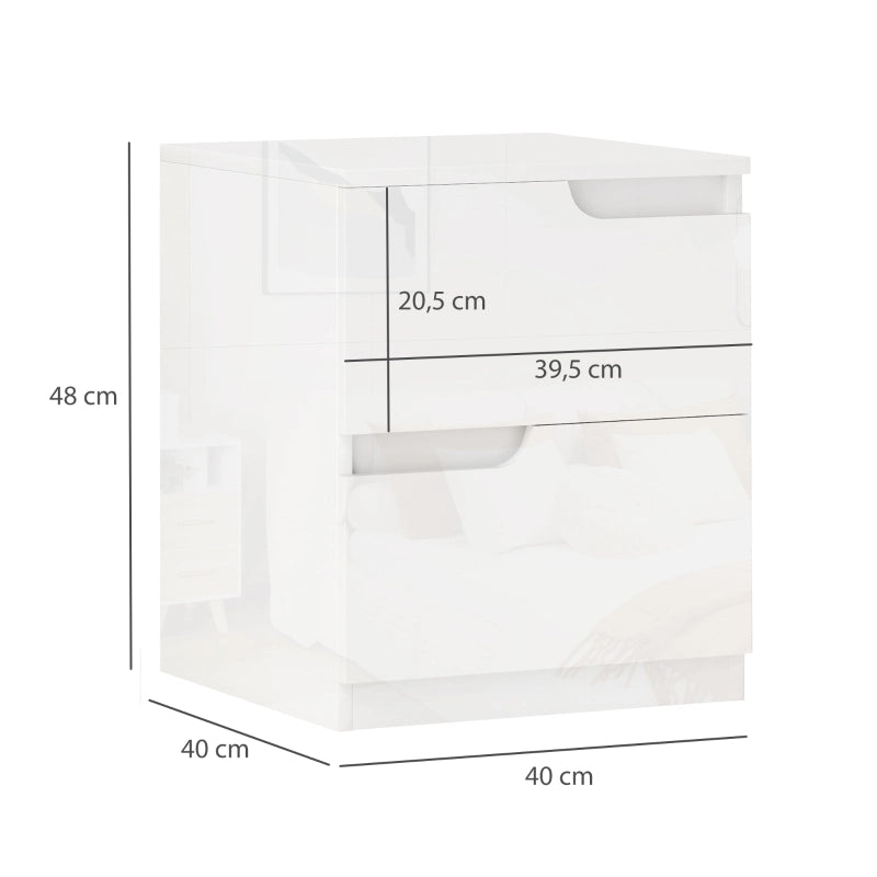 Comodino con 2 cassetti e vani contenitore, design moderno, per camera da letto e soggiorno, bianco, 40 × 40 × 48 cm