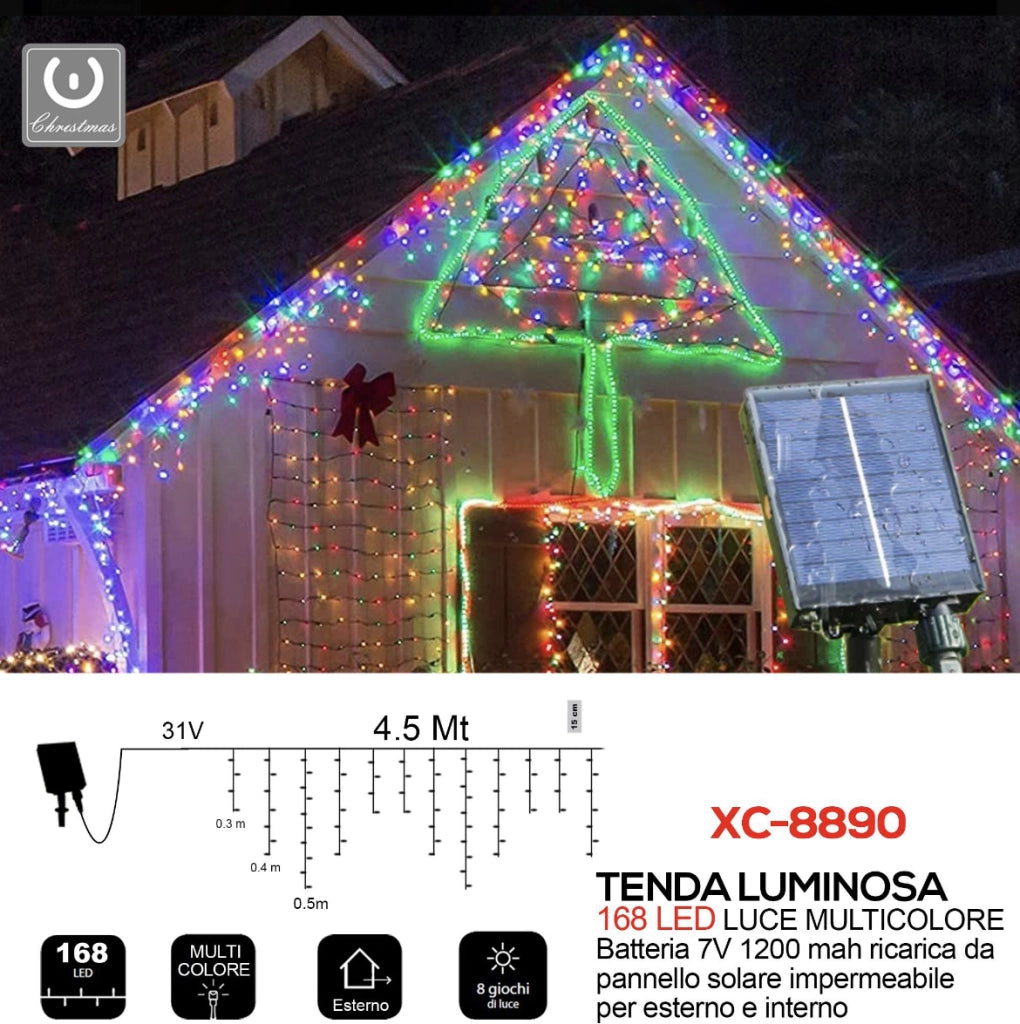 Tenda luminosa natalizia luci di Natale con 168 LED da 4.5 mt a ricarica solare luce Multicolor