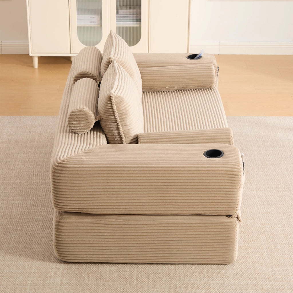 Divano letto 2 posti - con tasche laterali e portabicchieri - in velluto a coste - khaki
