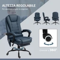 Poltrona da Ufficio con 7 Punti Massaggianti e Poggiapiedi, in Pelle PU e Acciaio, 67x67x111-121 cm, Blu