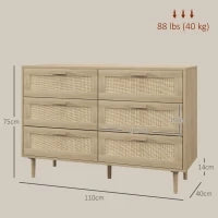 Cassettiera 6 Cassetti in Legno e Rattan Stile Boho per Soggiorno e Camera da Letto, 110x40x75 cm