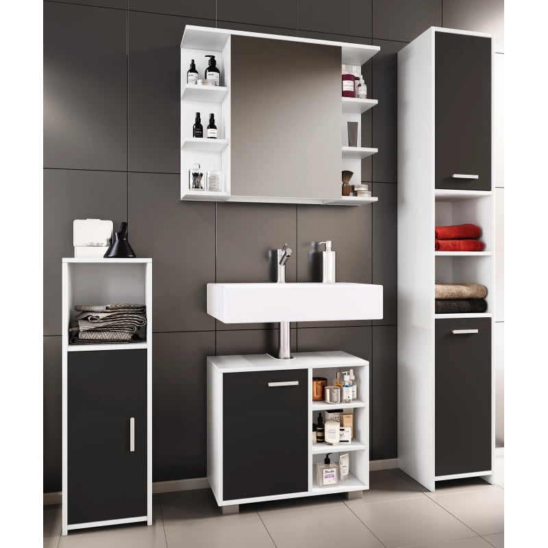 Domus di Ezooza  Set Bagno Completo 4 Pezzi Mobile + Colonna + Pensile e armadietto a specchio, Nero ,