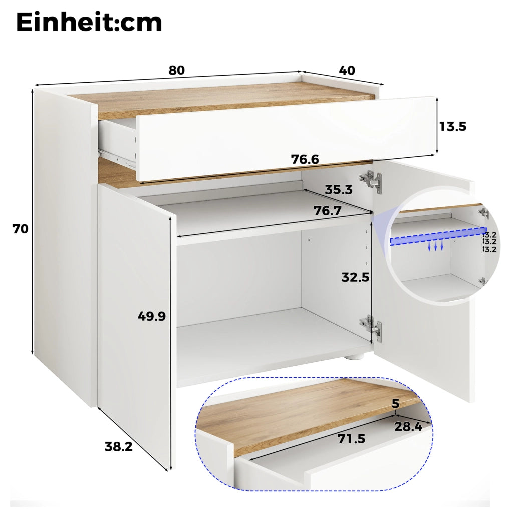 Mobile contenitore 80x40x70 cm con ripiani regolabili; cassetto e 2 vani; bianco