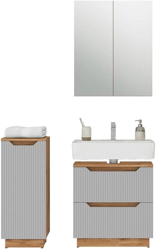 Set di mobili da bagno Lotta, Rovere/grigio a righe, 3 parti