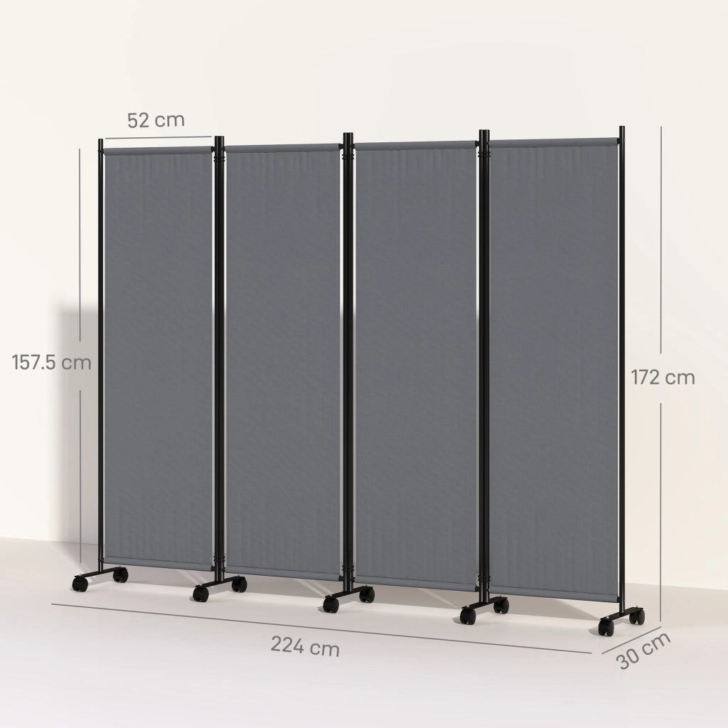 Paravento da Esterno e Interno a 4 Pannelli Pieghevole con Ruote, 221x50x172cm, Grigio Scuro