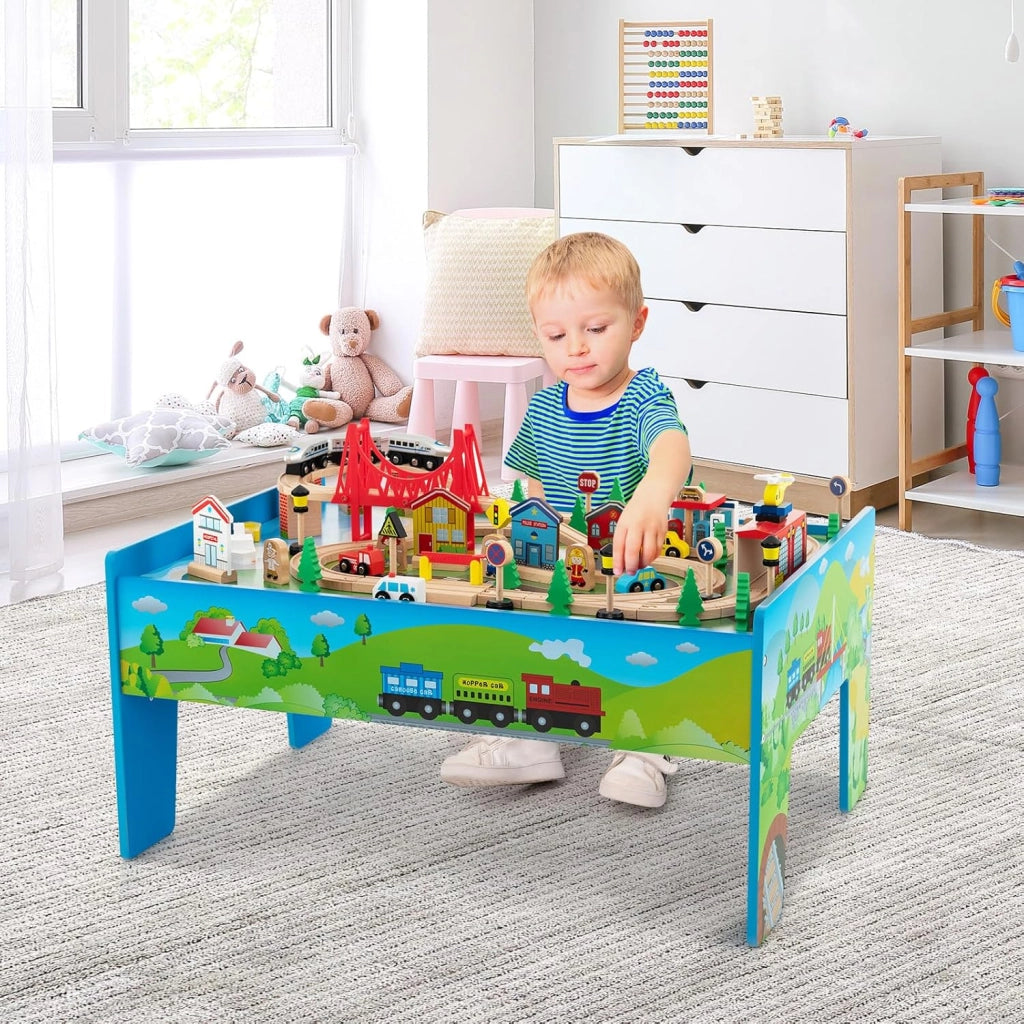 Tavolo e Set di Trenini in Legno, Tavolo Reversibile e Staccabile e Binari in Legno Massiccio, Set da Gioco Creativo 84/80 Pezzi, per Bambini 3 Anni+ (Stile 2)