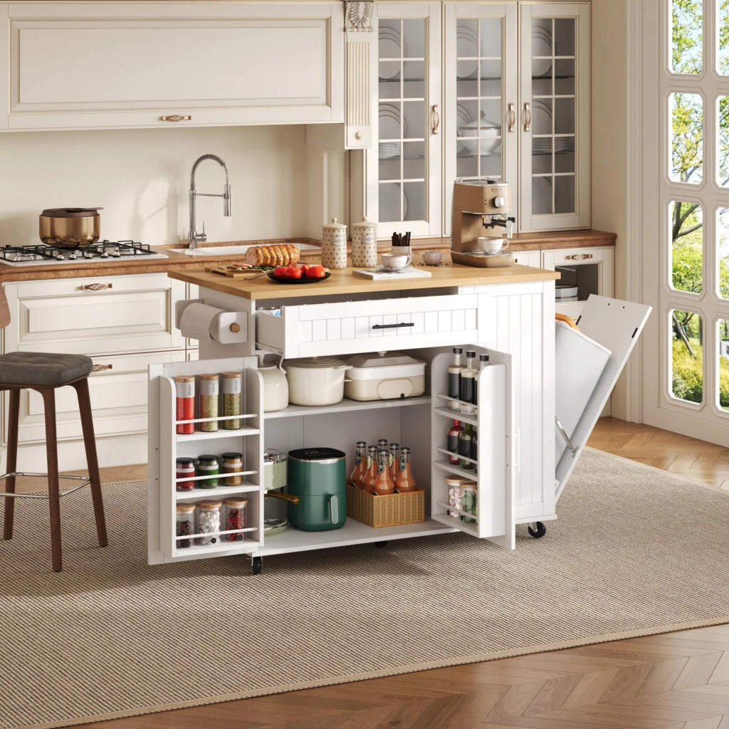 Isola da cucina mobile con piano ribaltabile, carrello portaoggetti, cassetto, ruote frenanti, 130x70x93 cm