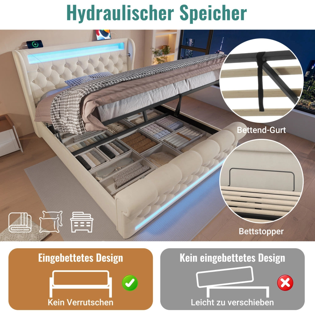 Letto imbottito con LED e ricarica integrata, 140 x 190 cm, beige