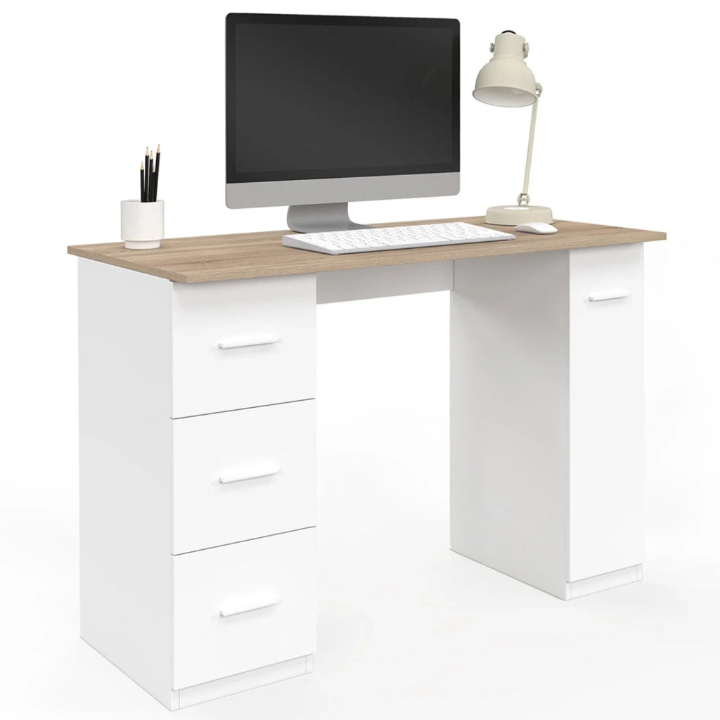 IDMarket - MAE Scrivania dritta a 3 cassetti con anta in legno e armadio bianco