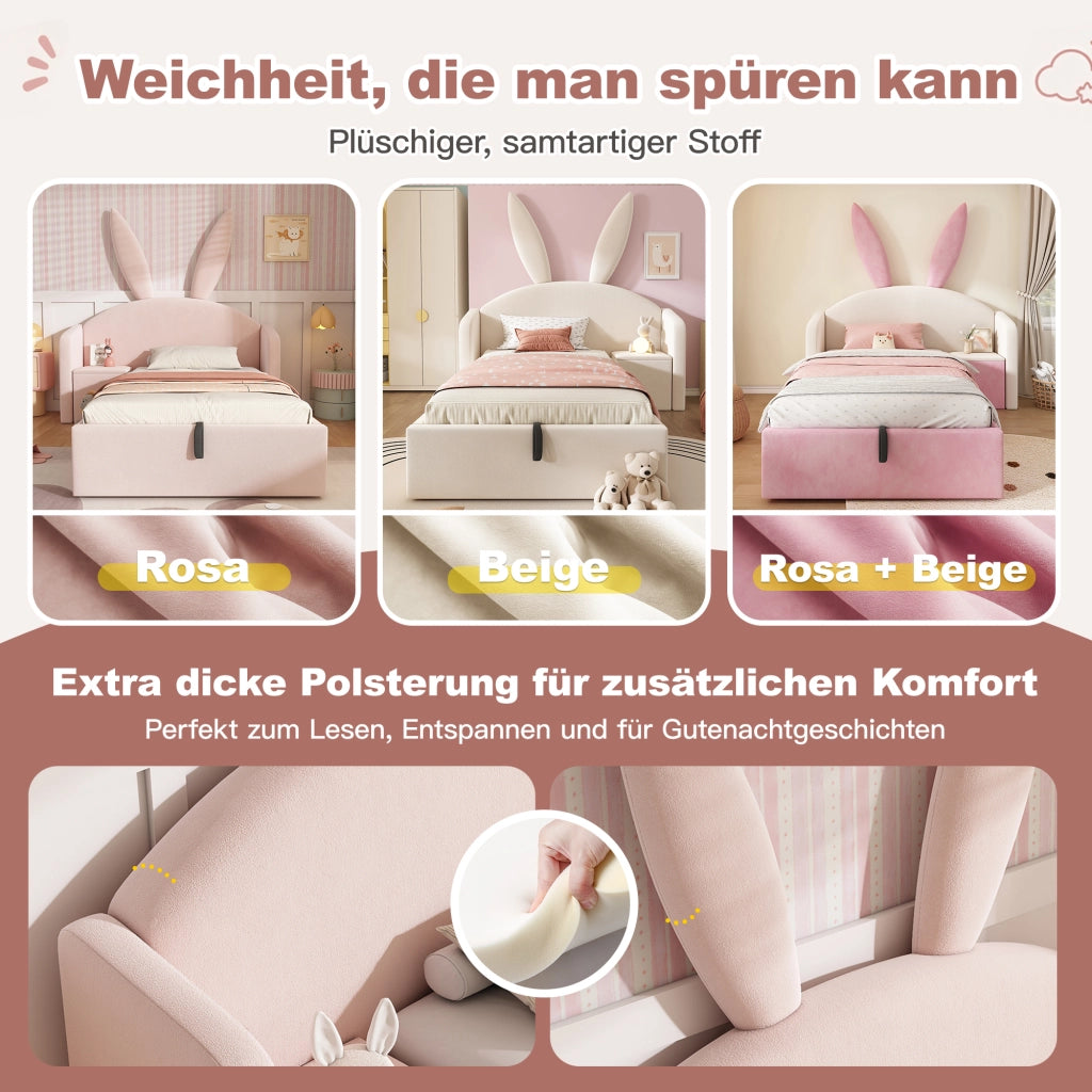 Letto imbottito con vano contenitore 90x200 cm velluto rosa